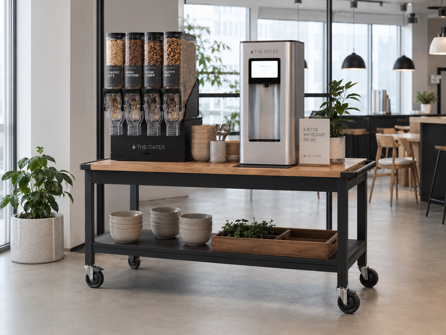 Mobile Breakfast Station mit Holzplatte, vier Behältern für Breakfast Bases und The Oater Barista