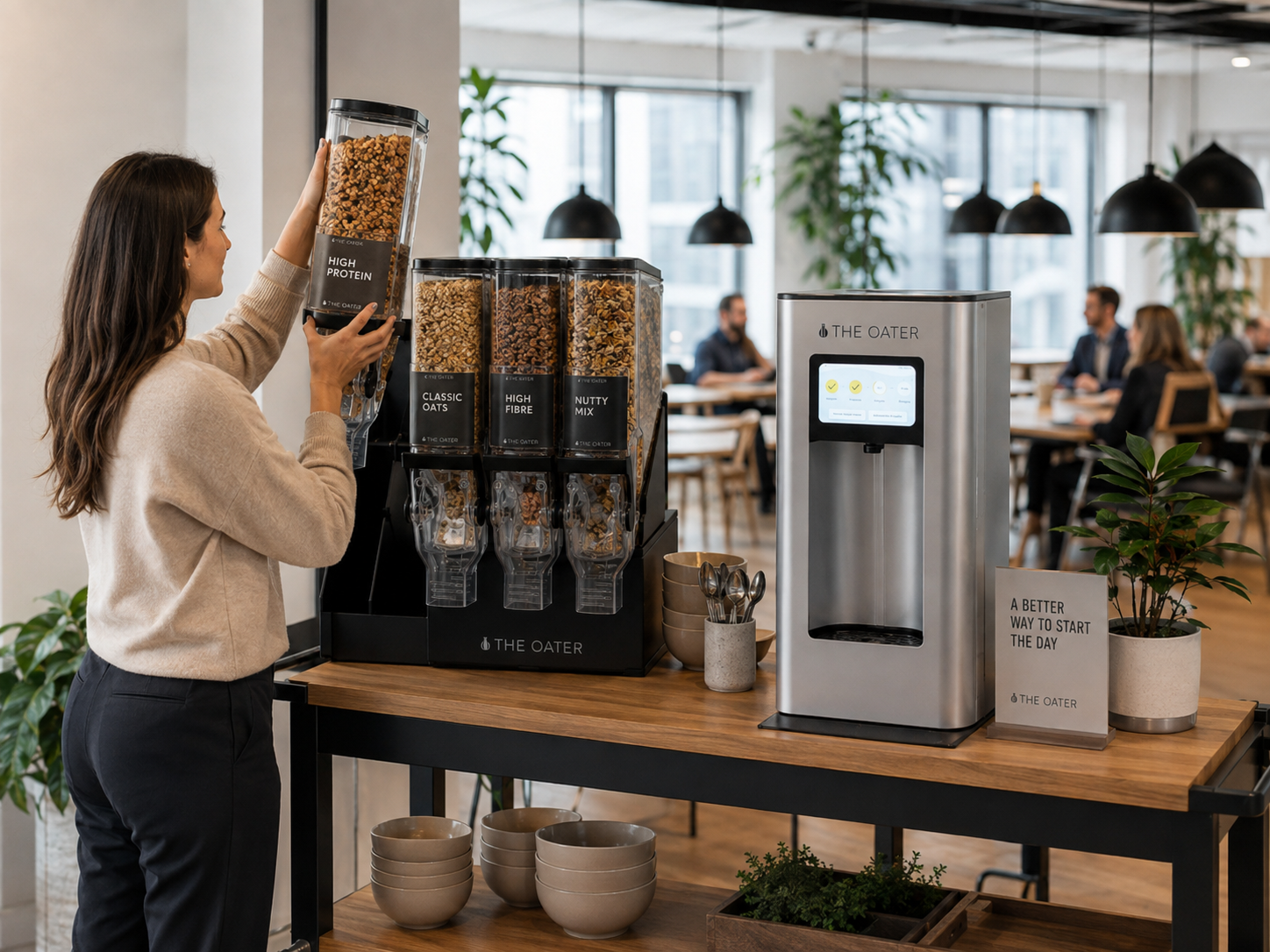 Mitarbeiterin tauscht einen vorgefüllten Wechselbehälter an der Breakfast Station